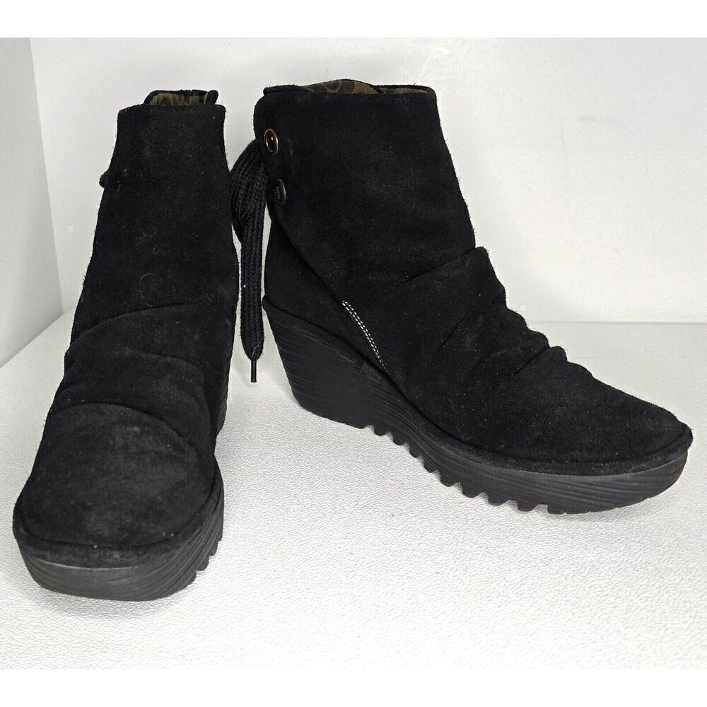 Fly London Yama Suede Lace Up Wedge Ankle Boots Black Women EU 39 US 8-8.5